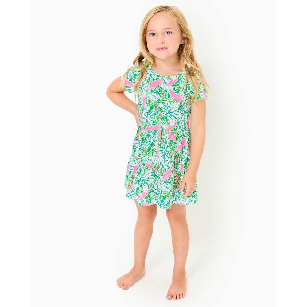 Lilly Pulitzer Girls Dress Size Small 4-5 Green Pink Flamingo Print EUC